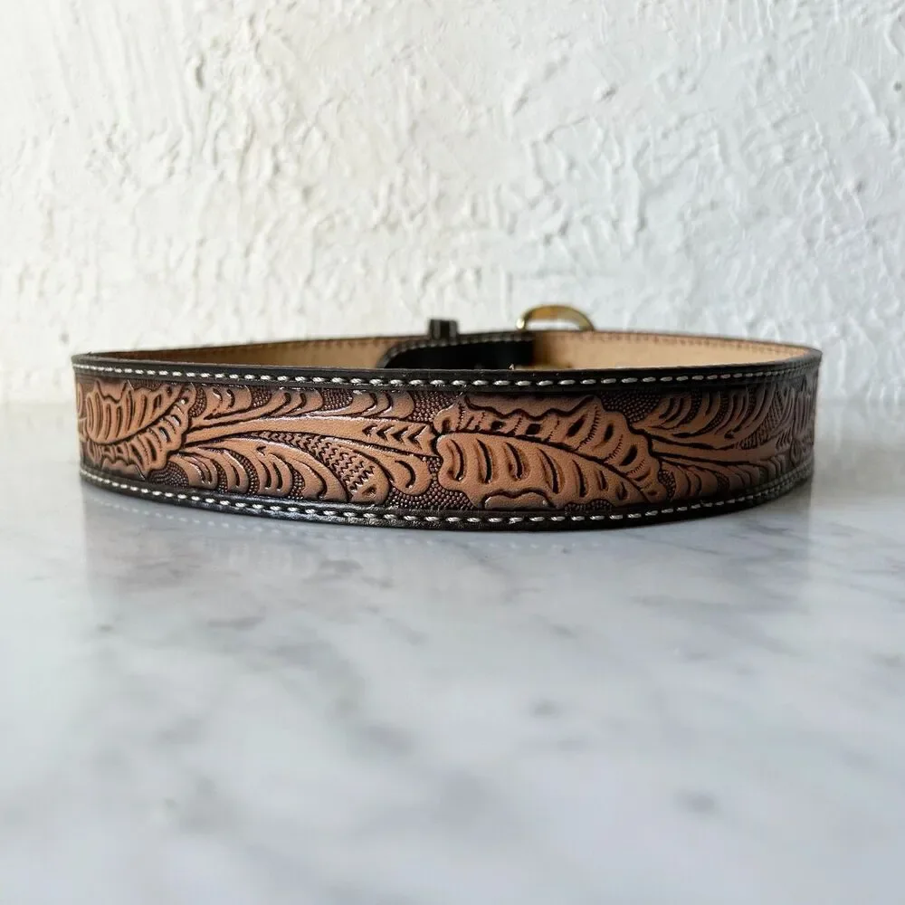 Vintage Western Tooled Leather Belt Cowboy Style with Brass Buckle-Men's Size 26